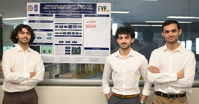 FYP 2026 students presenting prosthetic hand tracking technology at Habib University