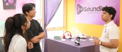 FYP 2026 student presenting an audio innovation project at Habib University exhibition