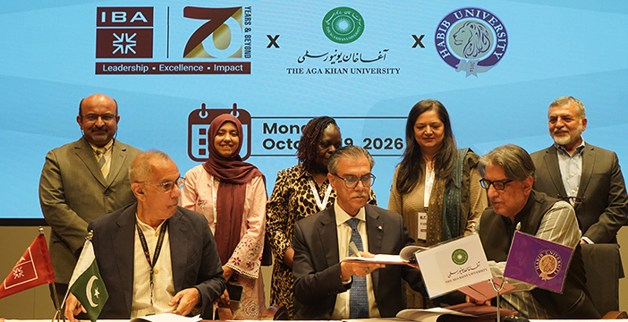 Dr. S. Akbar Zaidi, Dr. Sulaiman Shahabuddin and Wasif Rizvi sign the IBA, AKU and Habib University MoU at the Teaching & Learning Symposium 2026.